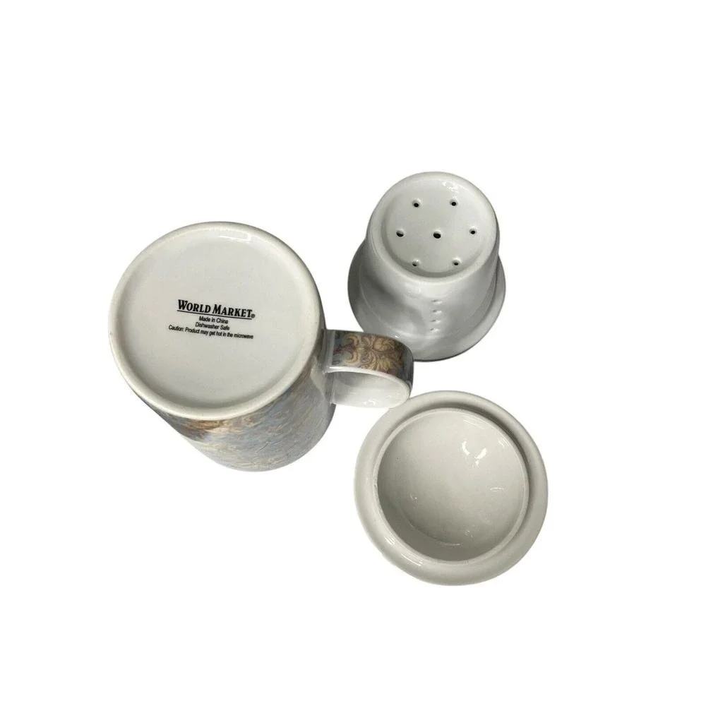 World Market‎ Blue Floral Ceramic Tea Mug Infuser Lid Dishwasher Safe